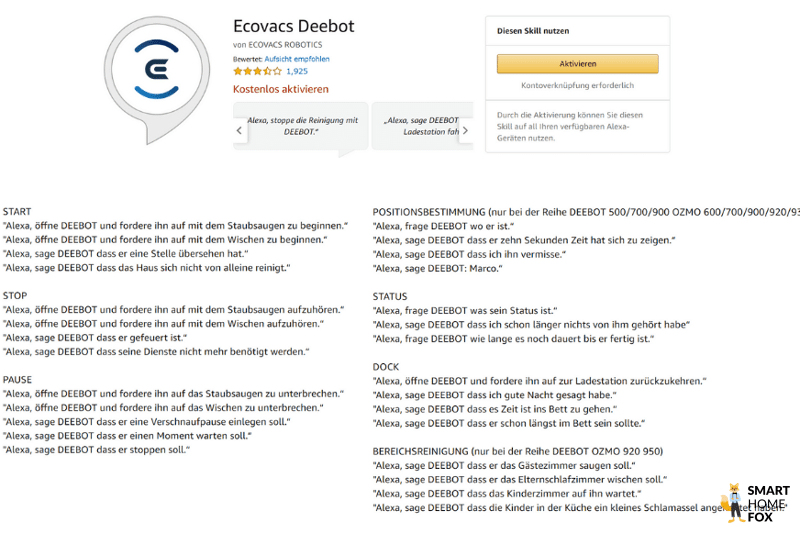 Funktionsumfang der Alexa Sprachsteuerung des ECOVACS DEEBOT T20 OMNI ist zu sehen.